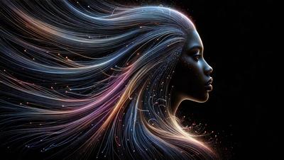 The primary subject of the image is a woman with long, flowing hair. The setting is a dark background, which contrasts with the woman's hair, making it stand out. The visual style is digital art, as the woman's hair is depicted as a series of lines and colors, creating a dynamic and artistic representation. The colors and mood of the image are predominantly dark, with the woman's hair being the main source of light and vibrancy.